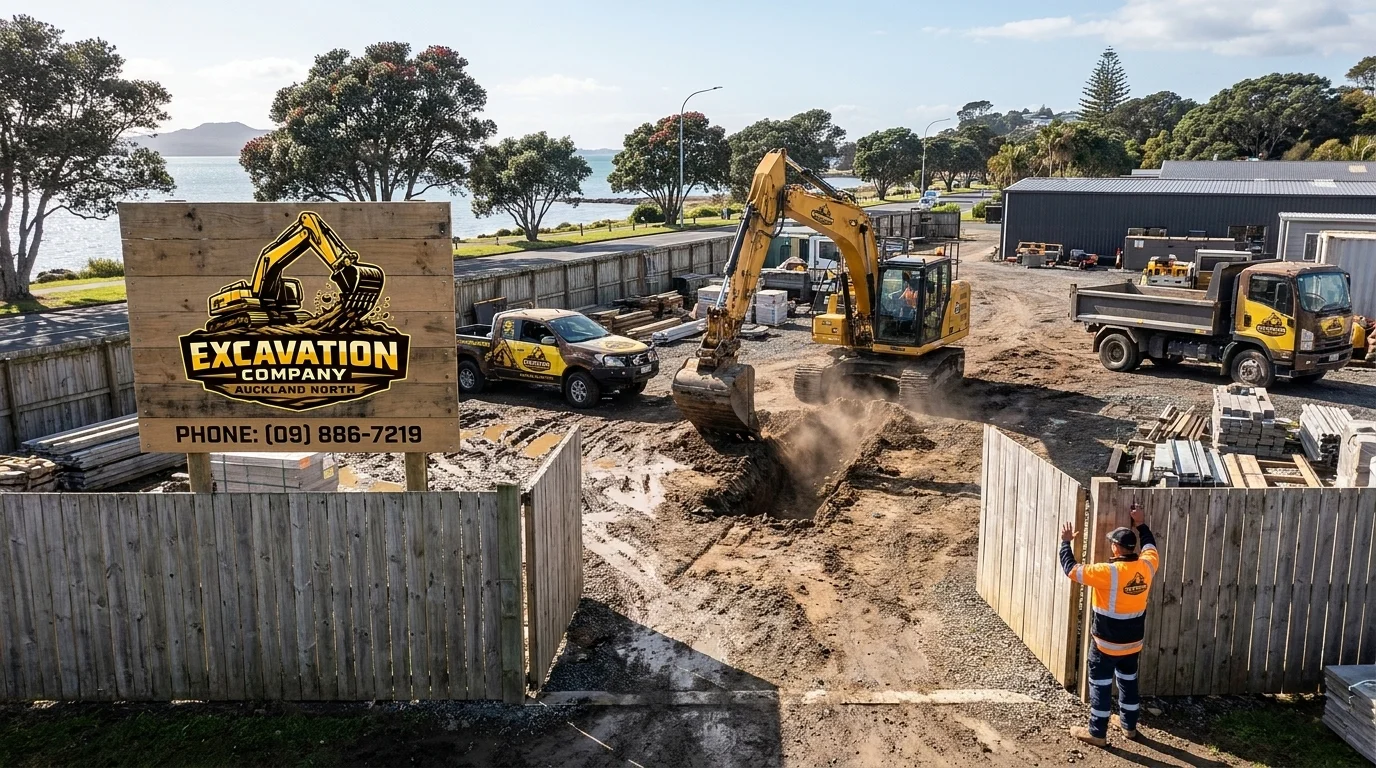 An excavator from Excavation Company Auckland North digging a trench near a branded sign and truck, with a spotter guiding the work.