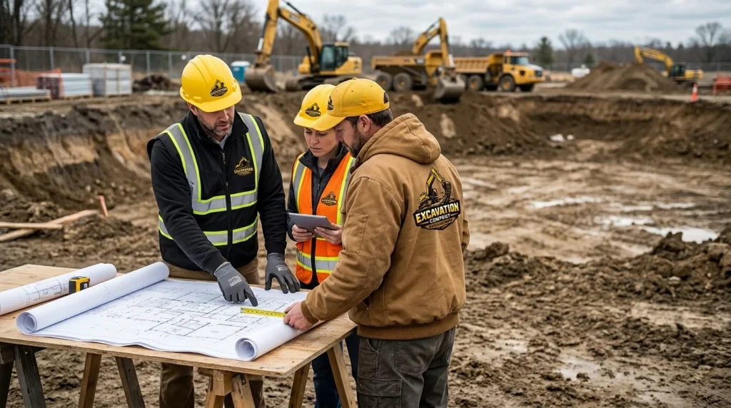 Three construction managers from Excavation Company Auckland North reviewing blueprints and using a tablet on an active job site with machinery in the background.