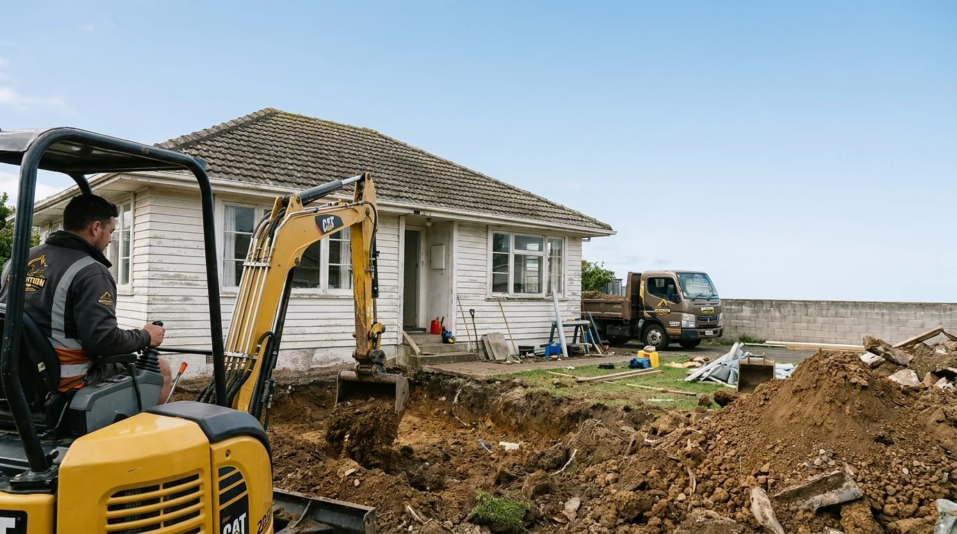 An operator in branded workwear uses a compact yellow excavator for trenching and utility excavation in the yard of a residential home in Auckland North.