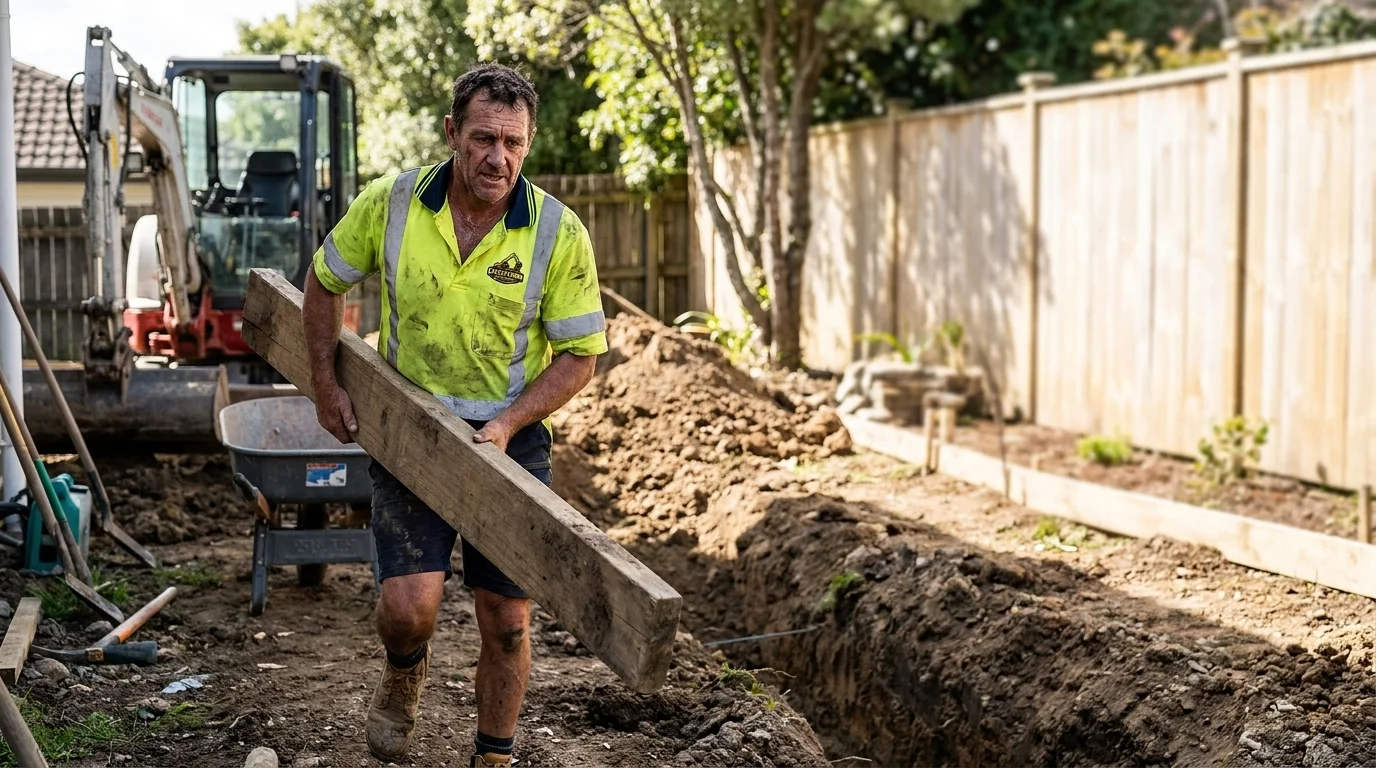 A construction worker using a leveling staff for precision surveying during road and driveway excavation managed by an excavation company Auckland North.