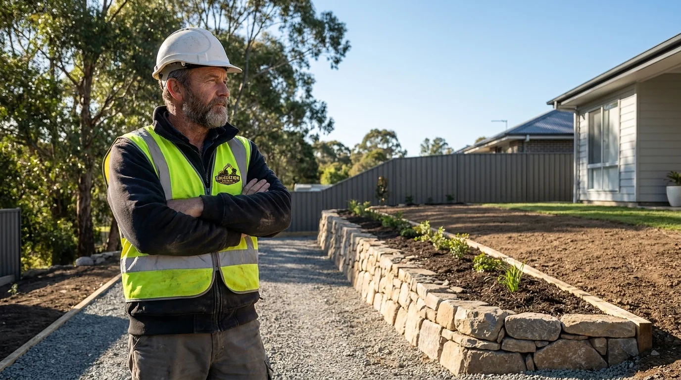 A proud site foreman of Excavation Company Auckland North standing confidently on a completed residential landscaping project with a rock retaining wall.