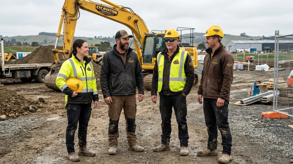 Four professional crew members, including a female operator, of Excavation Company Auckland North posing on a muddy development site with an excavator.